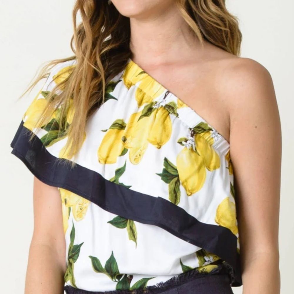 Womens White/Yellow lemons Print One shoulder blouse Sz L